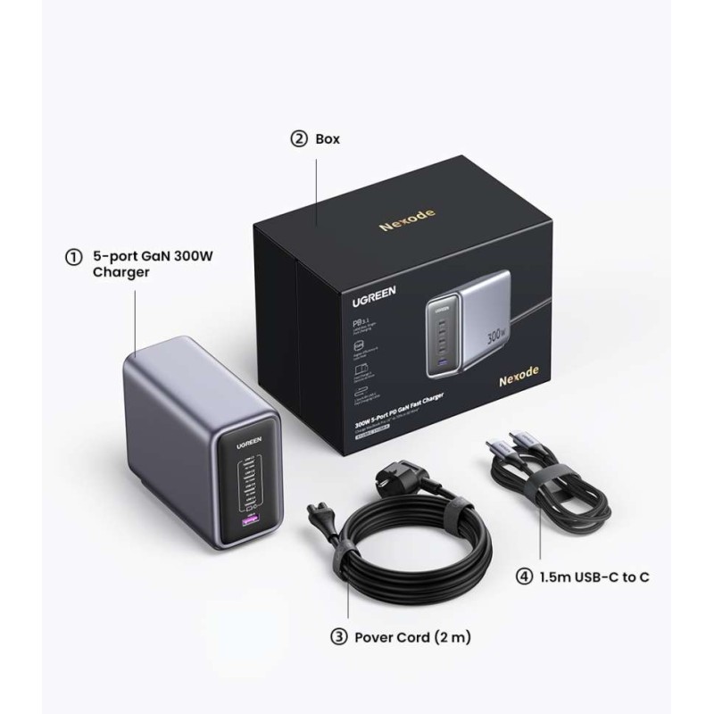 Зарядное устройство UGREEN CD333 90903B Nexode 300W 4×USB‑C + 1×USB‑A GaN PD 3.1