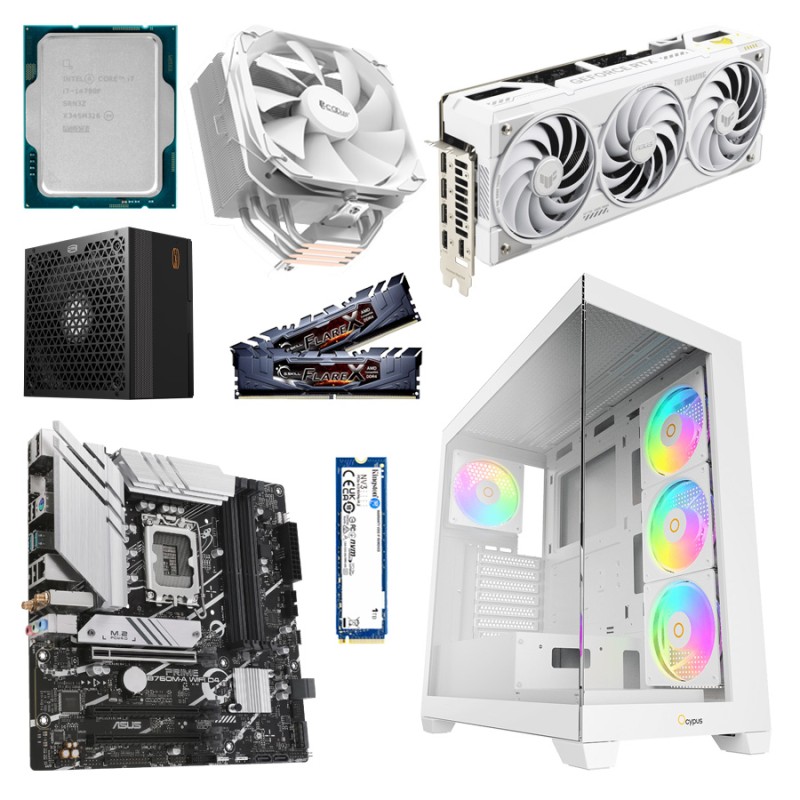Игровой ПК Intel Core i7-14700F 20 ядер + ASUS GeForce RTX 5070 Ti TUF OC BTF White 16GB, WiFi 6, 32GB DDR4, корпус Ocypus Gamma C72