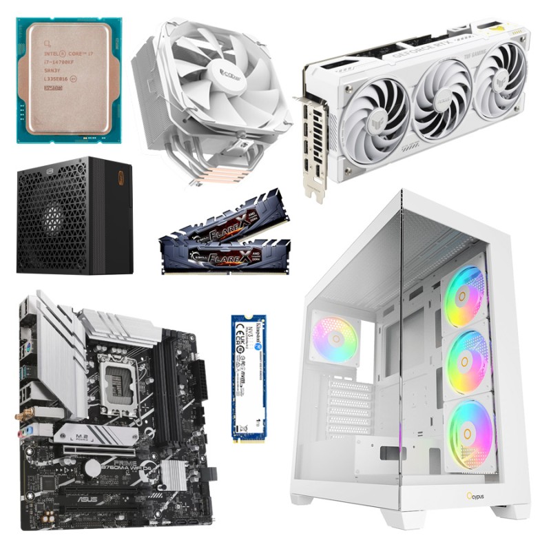 Игровой ПК Intel Core i7-14700KF 20 ядер 5.6 ГГц + ASUS GeForce RTX 5070 Ti TUF OC BTF White 16GB, WiFi 6, 32GB DDR4