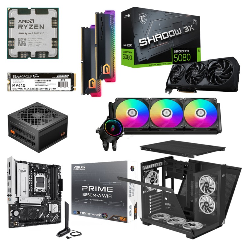 Игровой ПК: AMD Ryzen 7 7800X3D, DA360 ARGB, B850, 32GB Kit, RTX5080 16GB, 2TB, 1000W