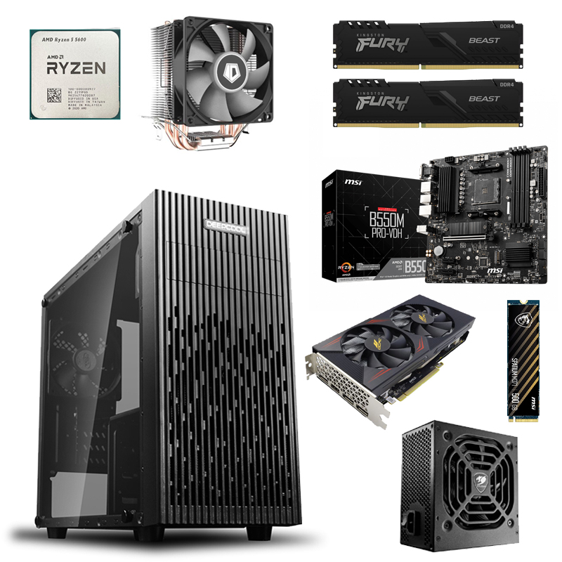 Игровой ПК: Ryzen 5 5600, SE-903-SD, MSI B550M PRO-VDH, Kingston 8GB 3200Mhz*2, OCPC RX6600 XE 8GB, MSI SPATIUM 500GB, MATREXX 30, Cougar STC 600W