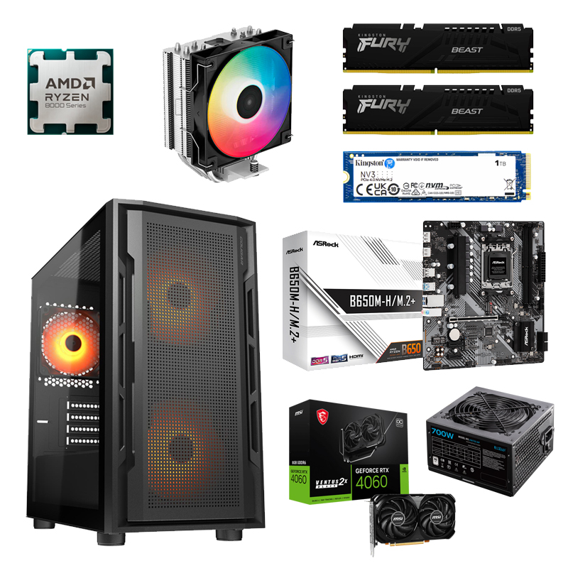 Игровой ПК: Ryzen 5 8400F, Deepcool AG400 LED, ASRock B650M-H/M.2+, Kingston 32GB kit 6000Mhz, MSI RTX4060 8GB, Kingston 1000GB, Cougar Uniface Mini, PCCooler 700W