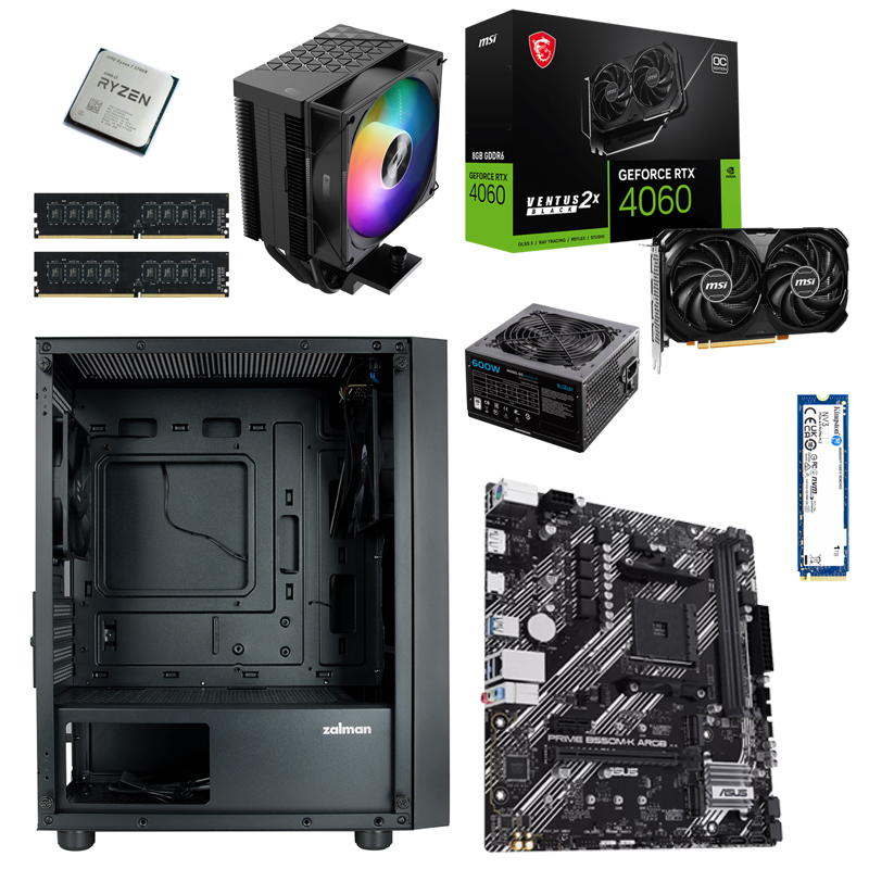 Игровой ПК: Ryzen 7 5700X, PCCooler R300 ARGB, ASUS PRIME B550M-K ARGB, Team Group 8GB 3200MHz*2, MSI RTX4060 8GB, Kingston SNV3S/1000G,  Zalman T3 PLUS,  PCCooler HW600-NP