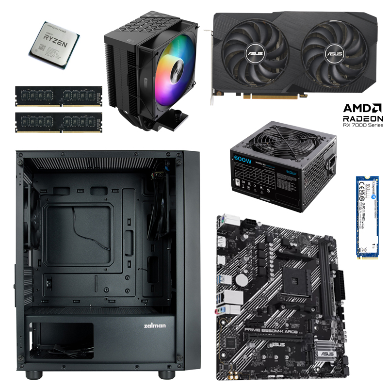 Игровой ПК: Ryzen 7 5700X, PCCooler R300 ARGB, ASUS PRIME B550M-K ARGB, Team Group 8GB 3200MHz*2, ASUS DUAL RX 7600 V2 OC 8GB, Kingston SNV3S/1000G,  Zalman T3 PLUS,  PCCooler HW600-NP