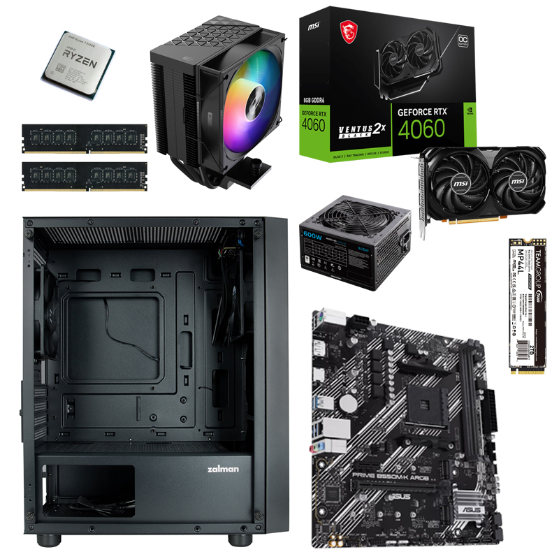 Игровой ПК: Ryzen 7 5700X, PCCooler R300 ARGB, ASUS PRIME B550M-K ARGB, Team Group 16GB 3200MHz*2, MSI RTX4060 8GB, TeamGroup MP44L 2000GB, Zalman T3 PLUS, PCCooler HW600-NP