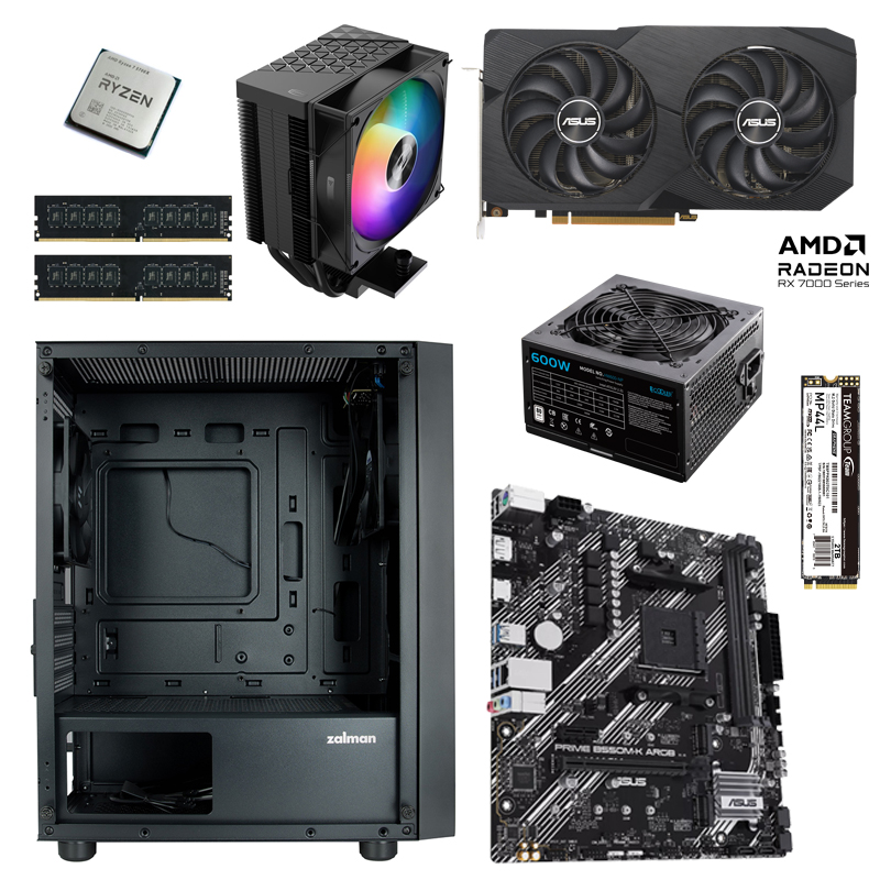 Игровой ПК: Ryzen 7 5700X, PCCooler R300 ARGB, ASUS PRIME B550M-K ARGB, Team Group 16GB 3200MHz*2, ASUS DUAL RX 7600 V2 OC 8GB, TeamGroup MP44L 2000GB,  Zalman T3 PLUS,  PCCooler HW600-NP