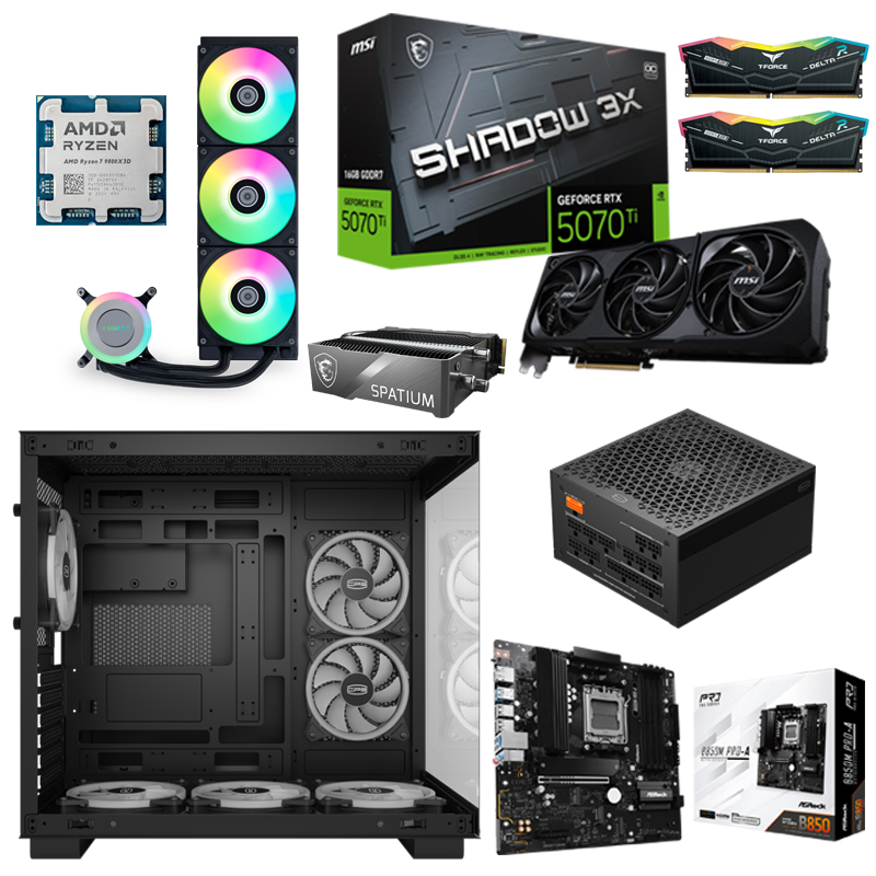 Игровой ПК: Ryzen 7 9800X3D, Lian Li GALAHAD II LITE 360, B850M PRO-A, 64GB Kit (2x32GB) 6000MHz, MSI RTX5070Ti 16G, MSI SPATIUM M570 2000GB, PCCooler C3T500 ARGB, PCCooler YS1000