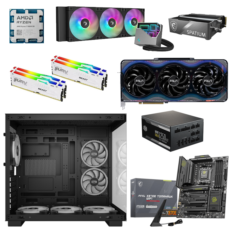 Игровой ПК: Ryzen 7 9800X3D, Deepcool LT360 ARGB, MSI MAG X870E TOMAHAWK WIFI, Kingston FURY Beast 64GB Kit (2x32GB) 6000MHz*2, MSI RTX5090 32G, MSI SPATIUM M580 FROZR 4000GB, PCCooler C3T500 ARGB, CoolerMaster MWE GOLD 1250 V2