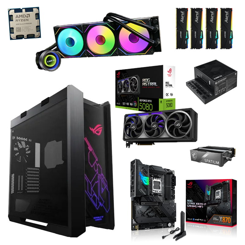 Игровой ПК: Системный блок: Ryzen 9 9950X3D, Lian Li GA II Trinity 360, ASUS ROG STRIX X870-F GAMING WIFI, Kingston FURY 64GB Kit 6000Mhz*2, ASUS RTX5080 16GB, MSI SPATIUM M580 4000GB, ASUS GX601 ROG STRIX HELIOS, Lian Li EG1300 BLACK 1300W