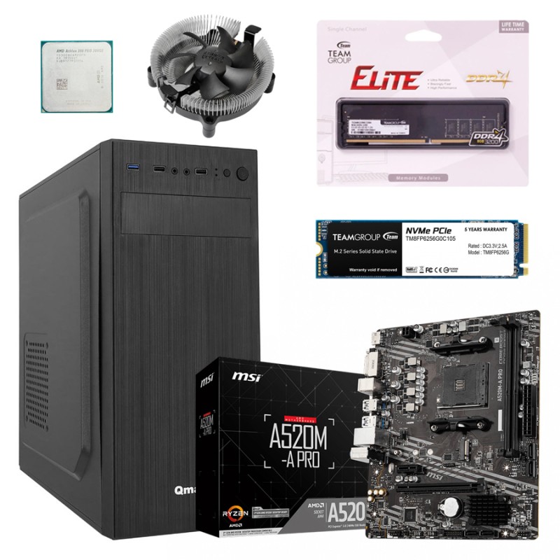 Компьютер: AMD Athlon PRO 300GE, PCCooler E80, MSI A520M-A PRO, 8GB 3200MHz, 256GB M.2, QMAX 450W