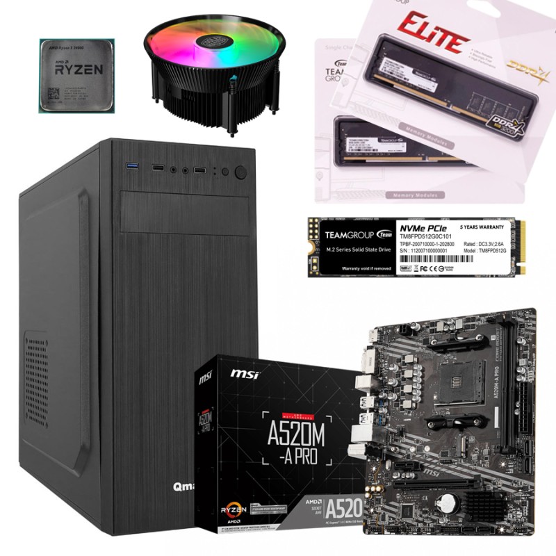 Компьютер: AMD Ryzen 5 3400G, CoolerMaster Hyper A71C, MSI A520M-A PRO, 16GB 3200MHz, 512GB M.2, QMAX 450W