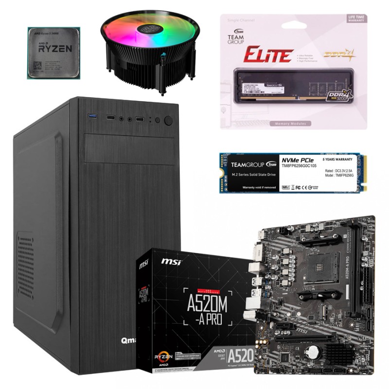 Компьютер: AMD Ryzen 5 3400G, CoolerMaster Hyper A71C, MSI A520M-A PRO, 8GB 3200MHz, 256GB M.2, QMAX 450W