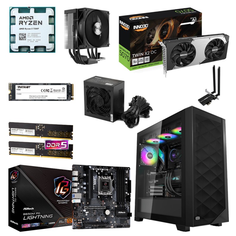 Игровой ПК: AMD Ryzen 5 7500F, R400, B650, 32GB, RTX 5070 12G, 1TB, WiFi+BT, 750W