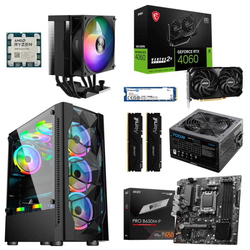 Игровой ПК: Ryzen 5 7600, PCCooler R300 ARGB, MSI PRO B650M-P, Kingston FURY Beast 32GB Kit 5600MHz, MSI GeForce RTX 4060 VENTUS 2X 8GB, Kingston SNV3S/1000G, 1STPLAYER D4-BK-4A2, PCCooler 700W