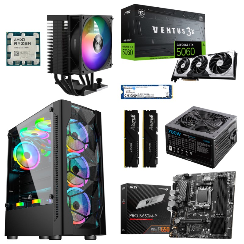Игровой ПК: Ryzen 5 7600, PCCooler R300 ARGB, MSI PRO B650M-P, Kingston FURY Beast 32GB Kit 5600MHz, MSI GeForce RTX5060 VENTUS 3X 8GB, Kingston SNV3S/1000G, 1STPLAYER D4-BK-4A2, PCCooler 700W
