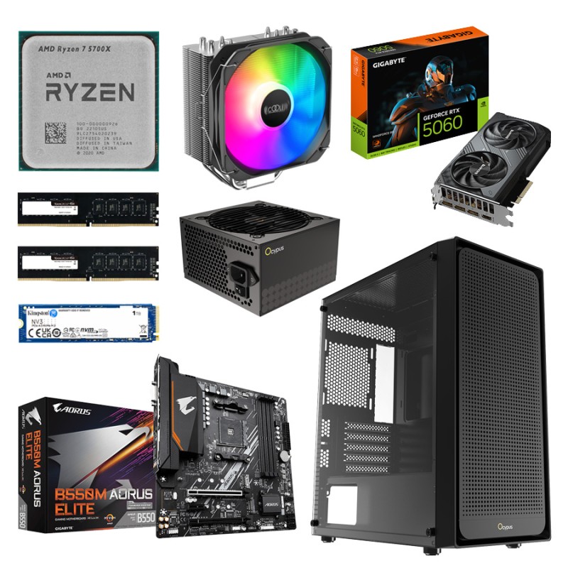 Игровой ПК: AMD Ryzen 7 5700X + RTX5060 8G, PALADIN 400, B550, 16GB Kit, 1TB, C50, 600W