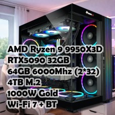 Игровой ПК: Ryzen 9 9950X3D + RTX 5090 32GB, X870, 64GB, 4TB, 1000W, Wifi+BT