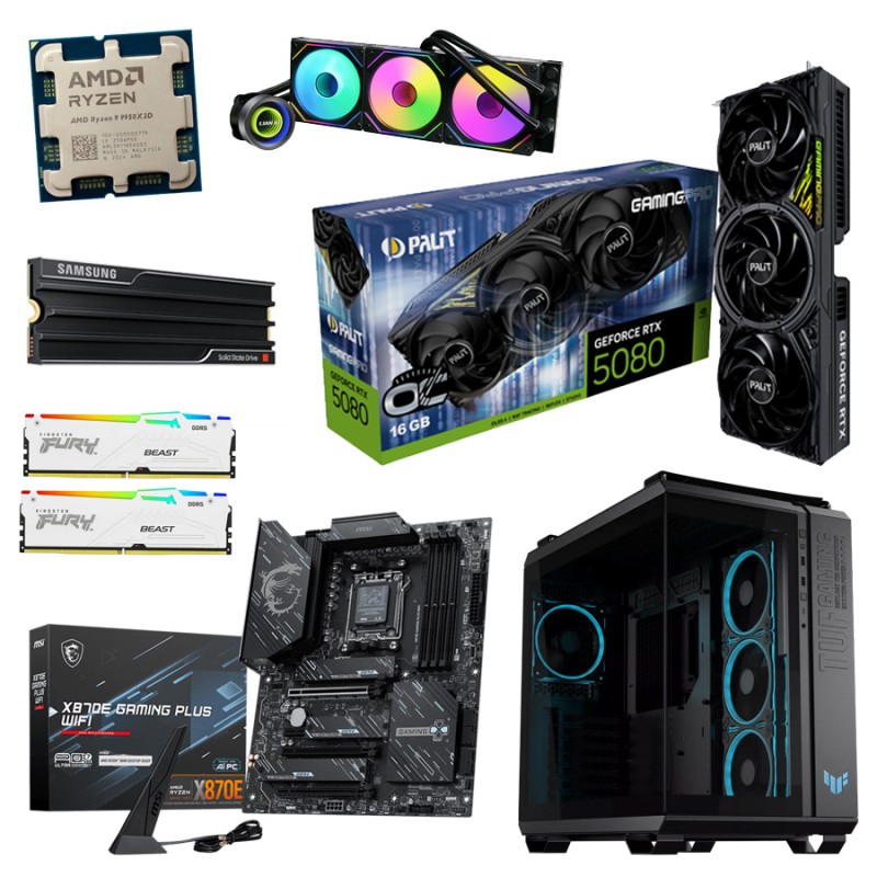 Игровой ПК: Ryzen 9 9950X3D + RTX5080 16GB, GA II Trinity 360, X870E, 64GB Kit, 2TB, GT502, 1200W