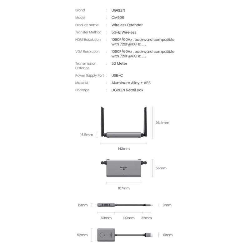 Беспроводной HDMI‑удлинитель UGREEN CM506 (50633A) 50м FullHD 5ГГц