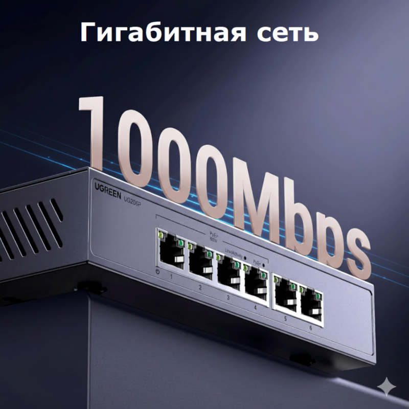 Коммутатор UGREEN CM741 (35371EU) 6-портовый Gigabit PoE+ 4xPoE 60W