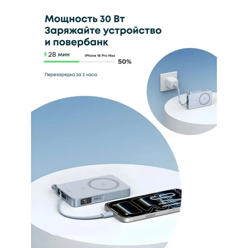 Магнитный пауэрбанк UGREEN PB773 (65958B) 10000mAh 30W 25W Qi2 встроенный кабель USB-C