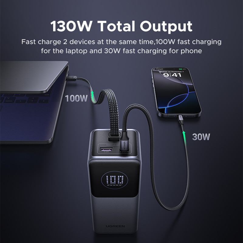 Пауэрбанк UGREEN Nexode PB723 (55365B) 130W со встроенным кабелем USB-C и TFT-дисплеем