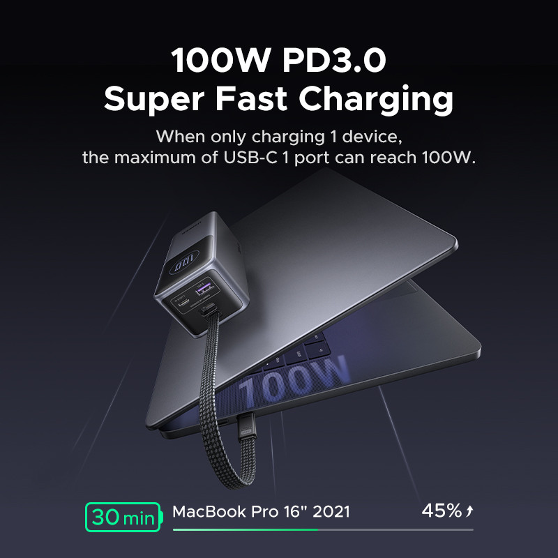 Пауэрбанк UGREEN Nexode PB723 (55365B) 130W со встроенным кабелем USB-C и TFT-дисплеем