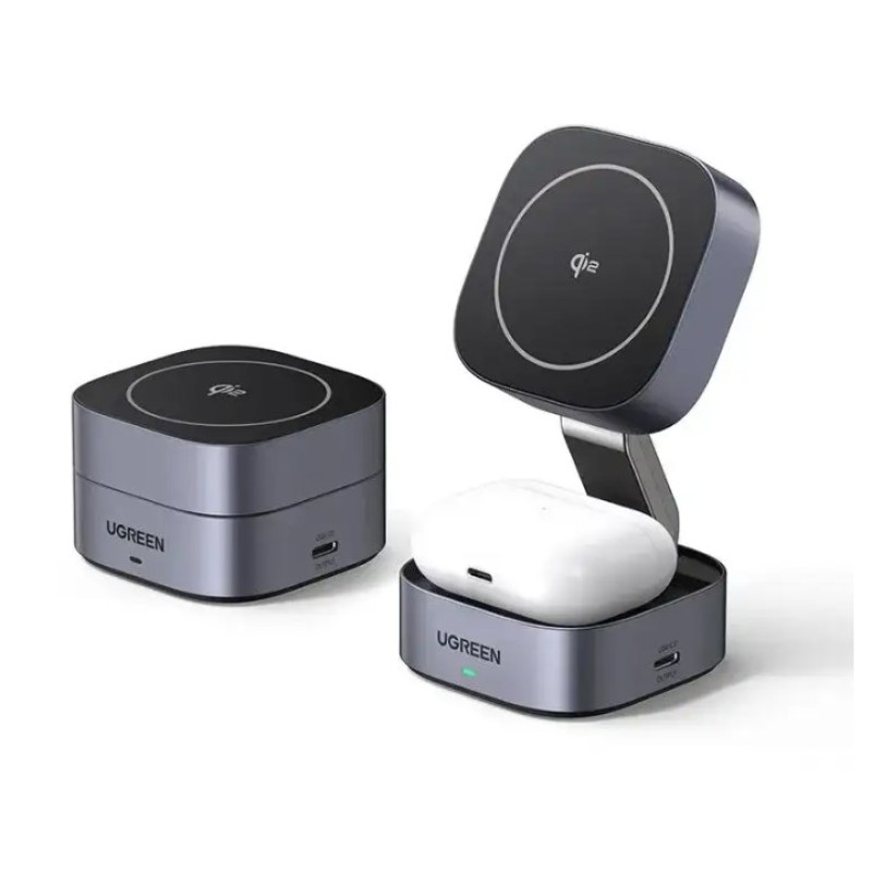 Беспроводная магнитная зарядная станция UGREEN W702 35316 2‑in‑1 15W Qi2/MagSafe, складная, USB‑C
