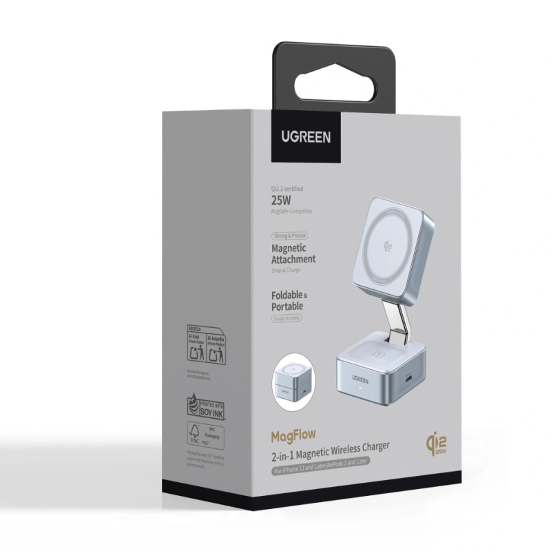 Беспроводная магнитная зарядка Ugreen W752 (55960B) 2‑в‑1 25W Qi2 складная, серебристо‑голубой