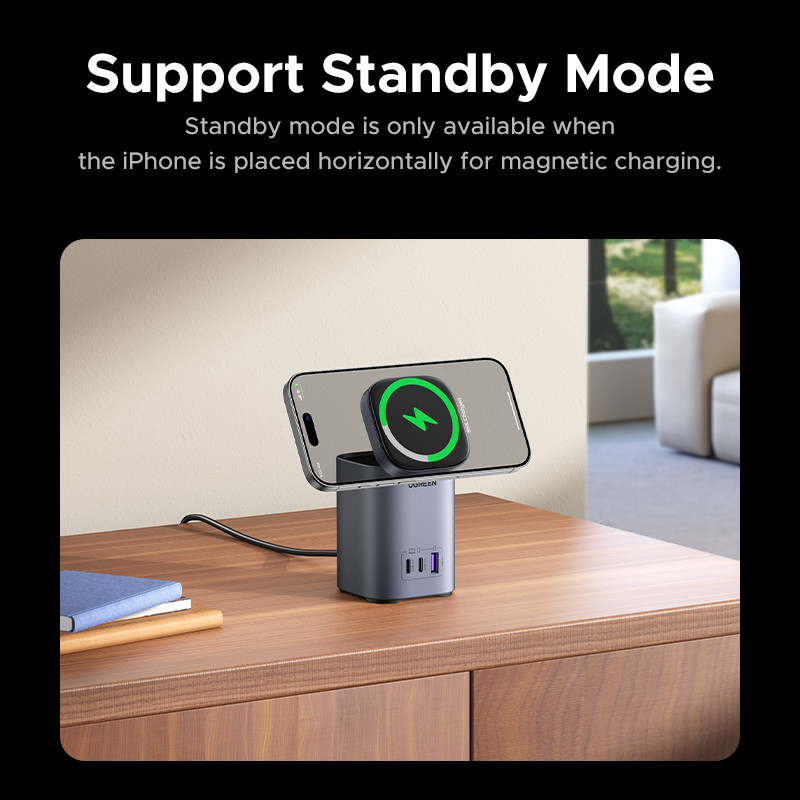 Сетевое зарядное устройство UGREEN X555 55321 65W GaN, 2xUSB-C + USB-A, магнитная беспроводная зарядка 15W Qi2