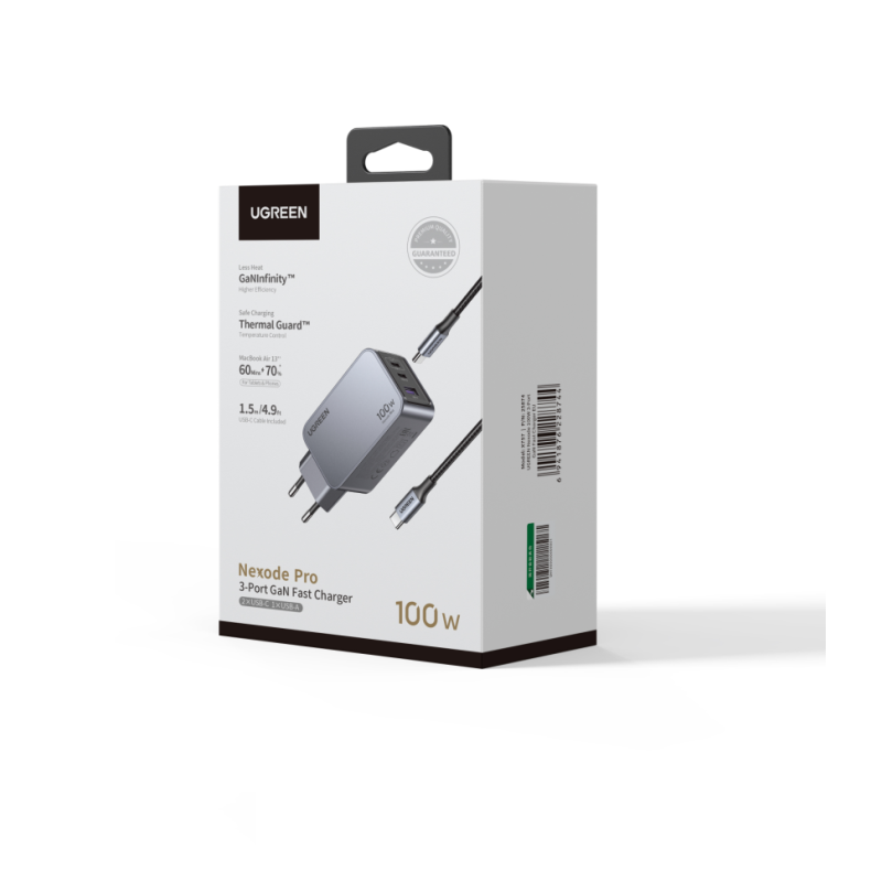 Сетевое зарядное устройство UGREEN X757 25874 100W GaN, 2xUSB-C + USB-A, кабель 1.5 м 100W