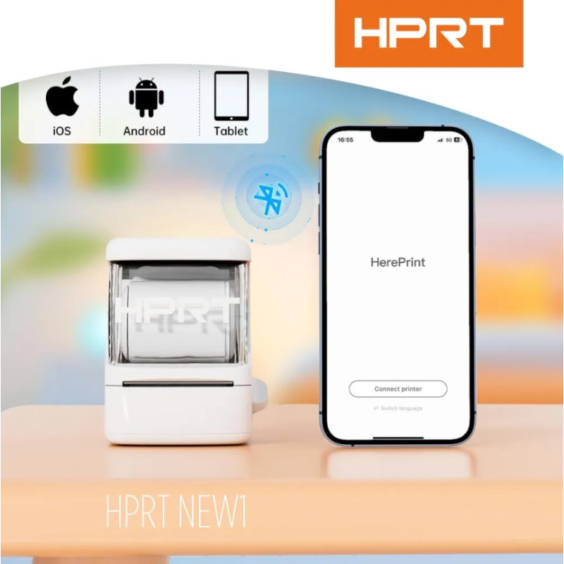 Принтер этикеток HPRT NEW1 Термопечать 50 мм Черно-белый Bluetooth